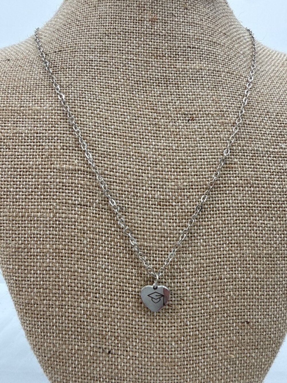 Silver Tone Heart Graduation Cap Pendant Necklace Dainty Academic Milestone